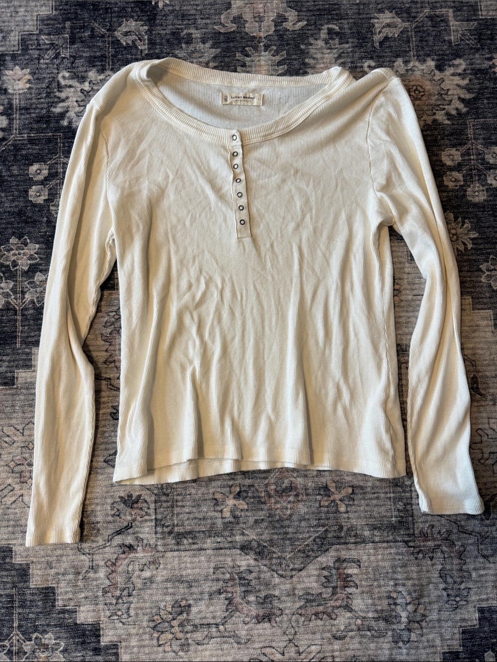 Lucky Brand Ivory Long Sleeve Henley Top with Snap Placket